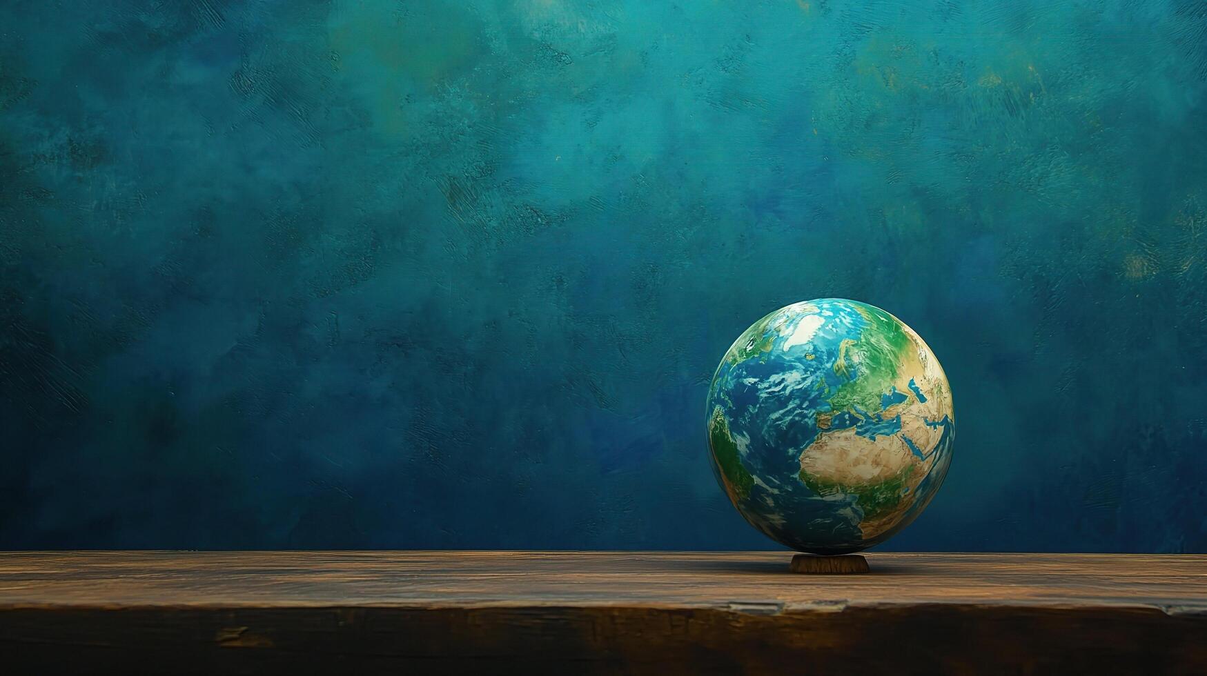 Earth globe on wooden table against blue wall concept of earth day, earth day concept, earth day photo