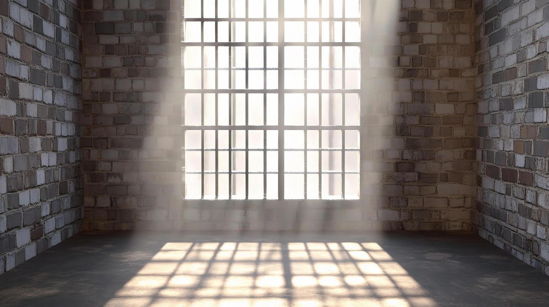 A prison cell with a window and sunlight coming through photo