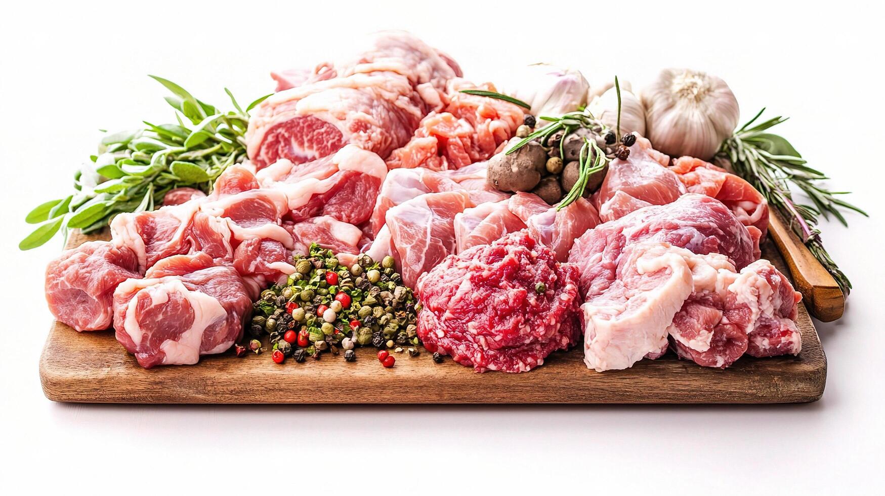 Raw meat on a cutting board with herbs and spices photo