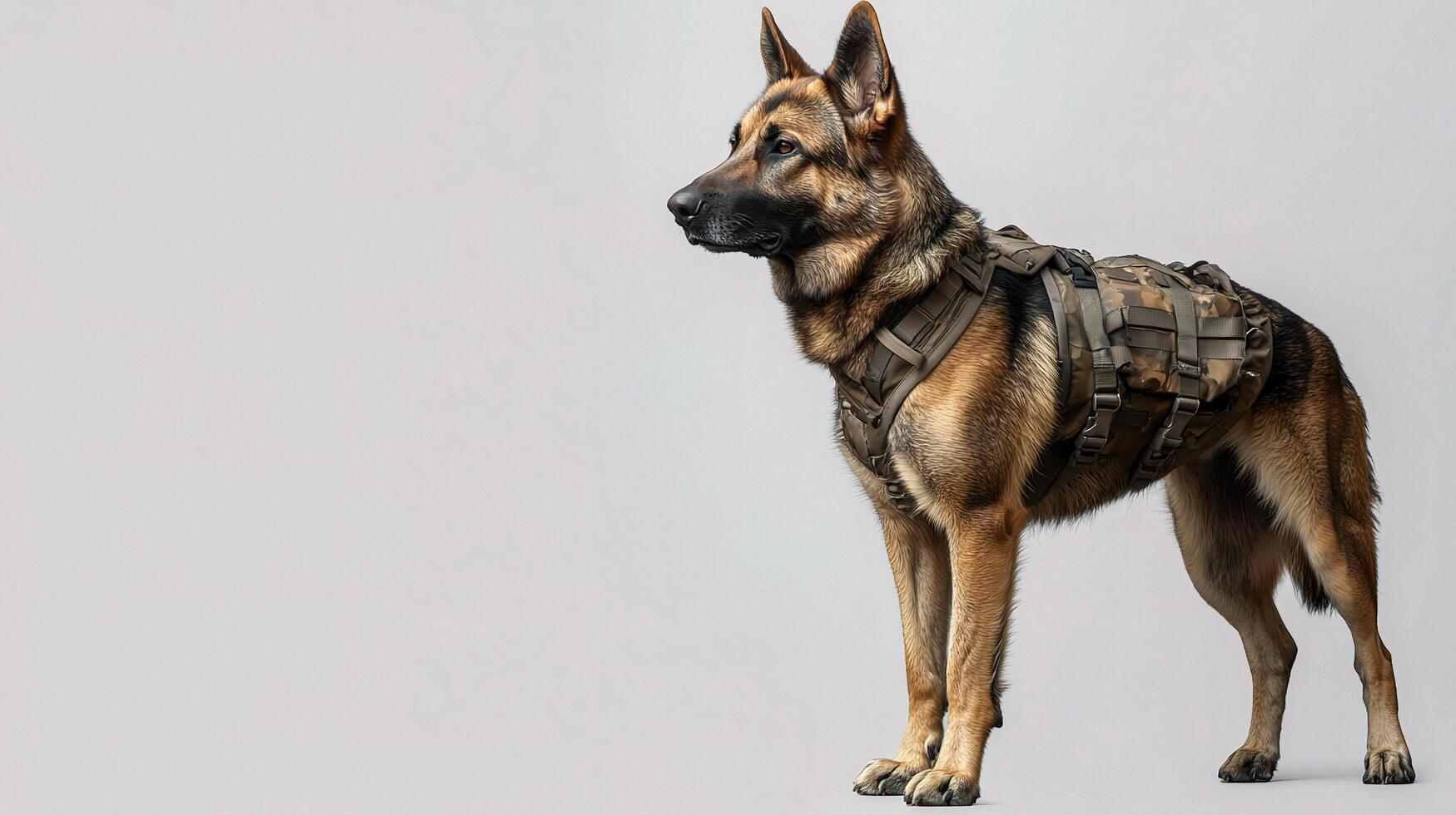 A german shepherd dog wearing a military vest photo