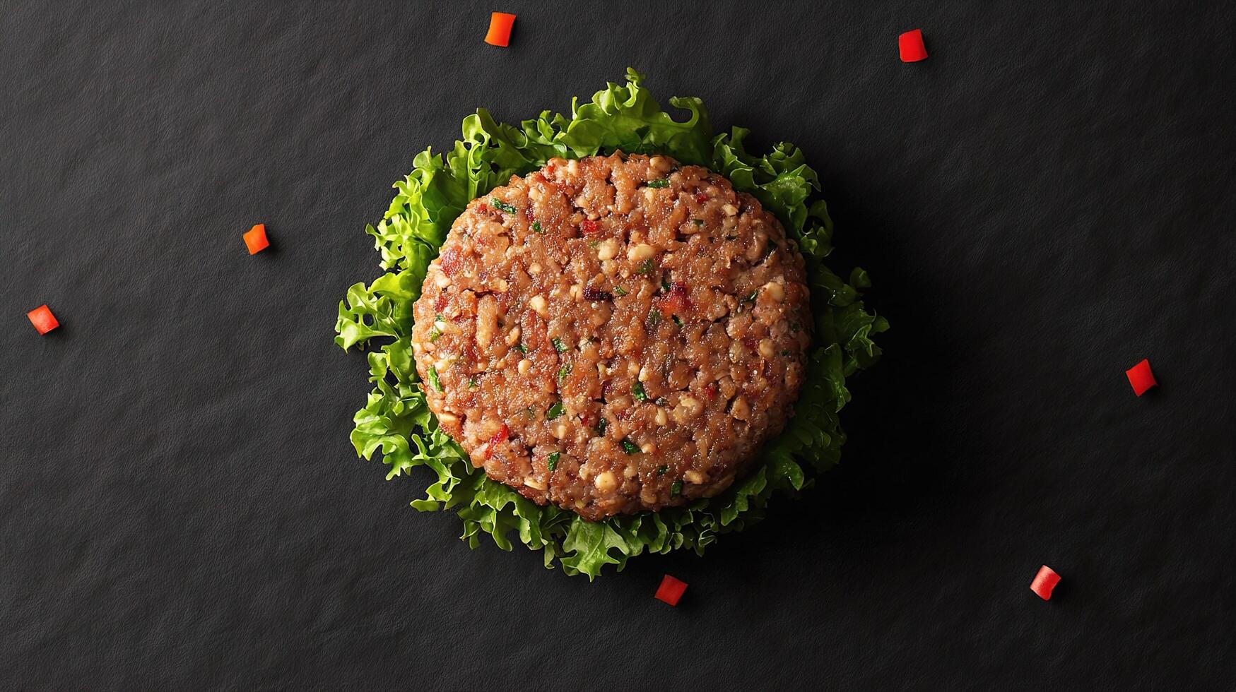 A hamburger is shown on a black surface photo