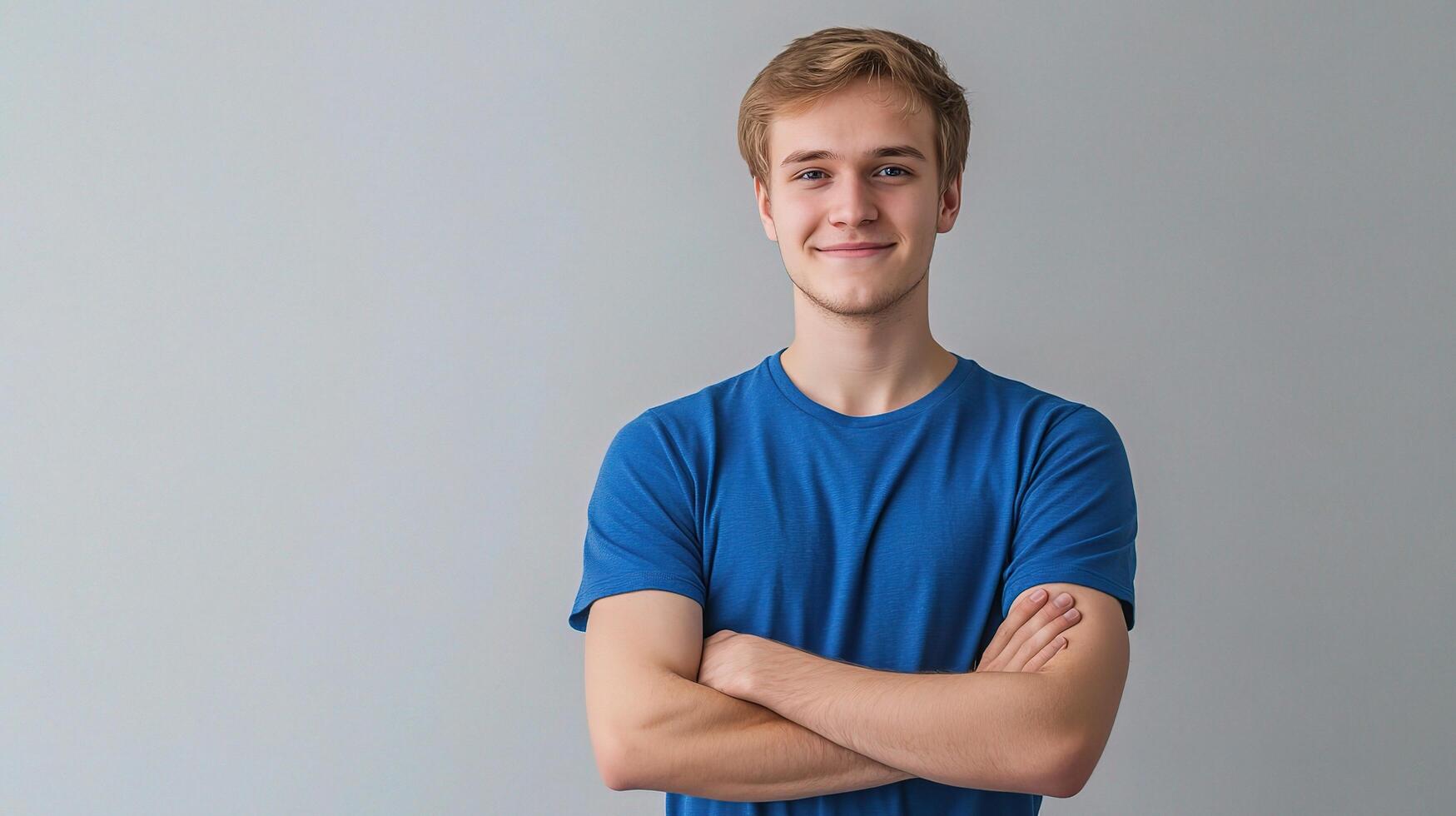 Portrait of a young man with arms crossed standing on gray background photo