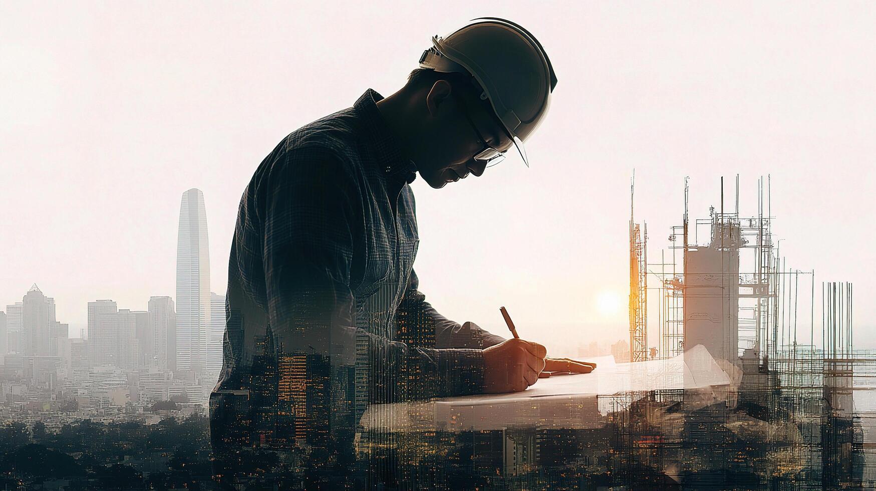 A man in a hard hat writing on a piece of paper photo