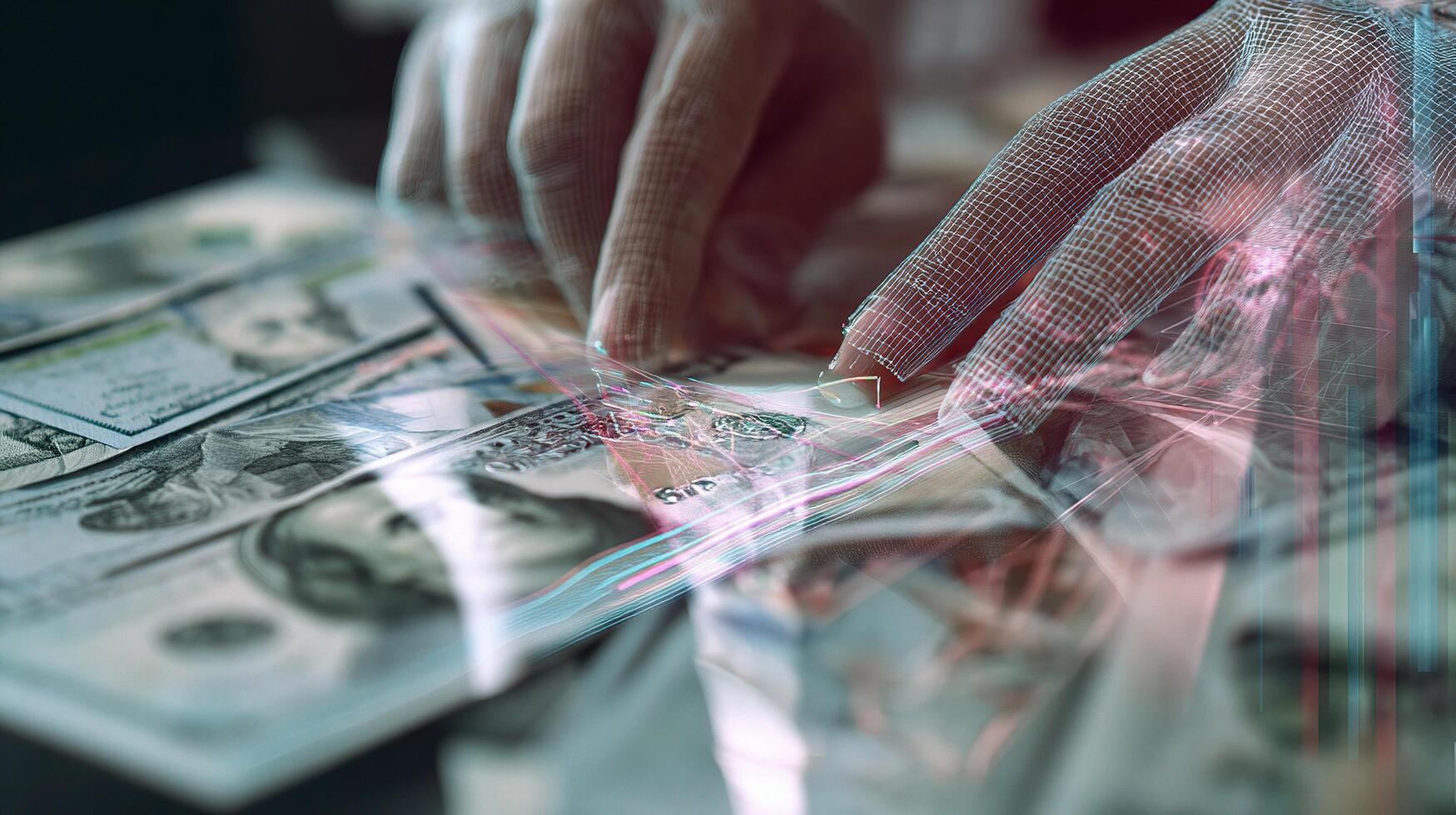 A person is counting money on a table photo