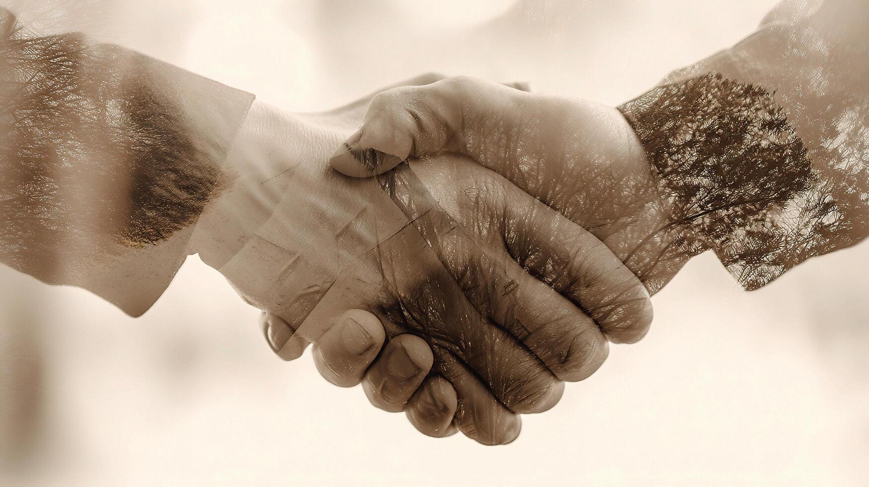 Two people shaking hands in front of a blurry background photo