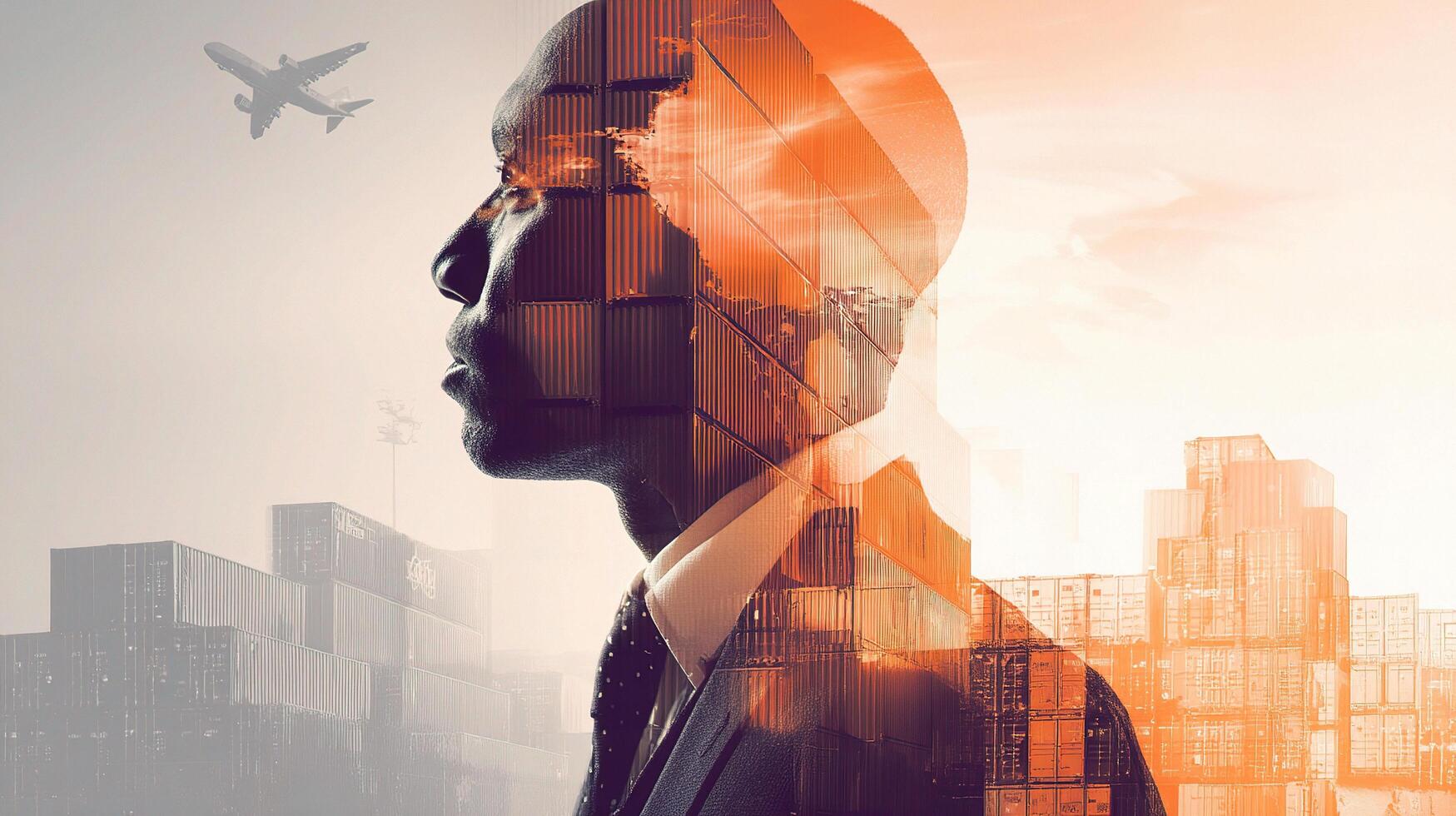 A man in a suit and tie is looking at a plane photo