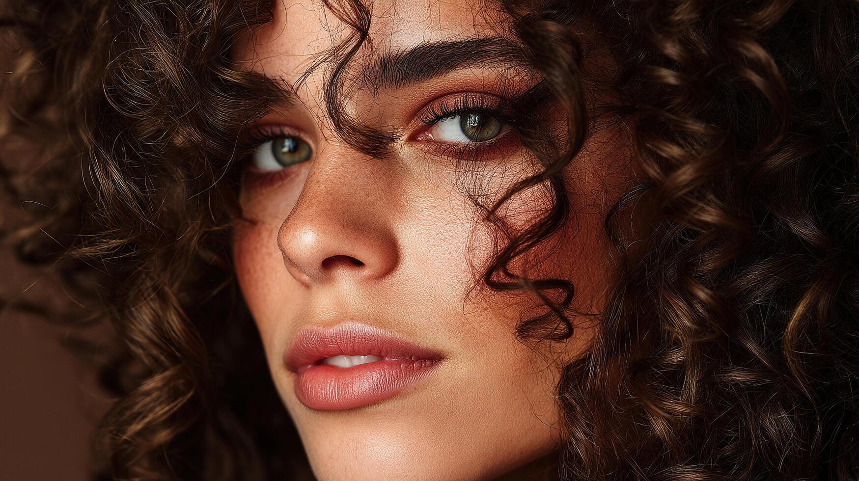 A woman with curly hair and green eyes photo
