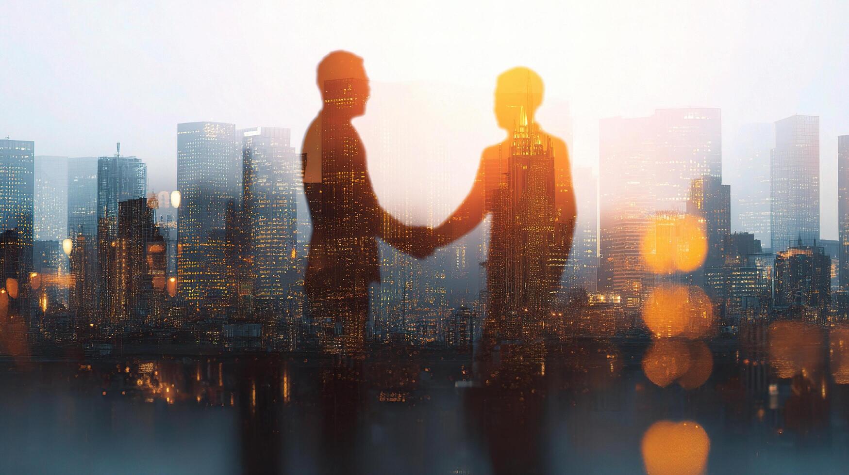 Two people holding hands in front of a cityscape photo