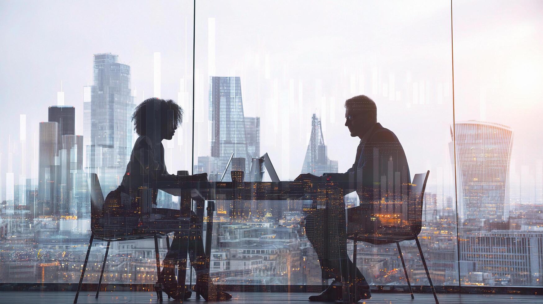 Two people sitting at a table with a cityscape in the background photo