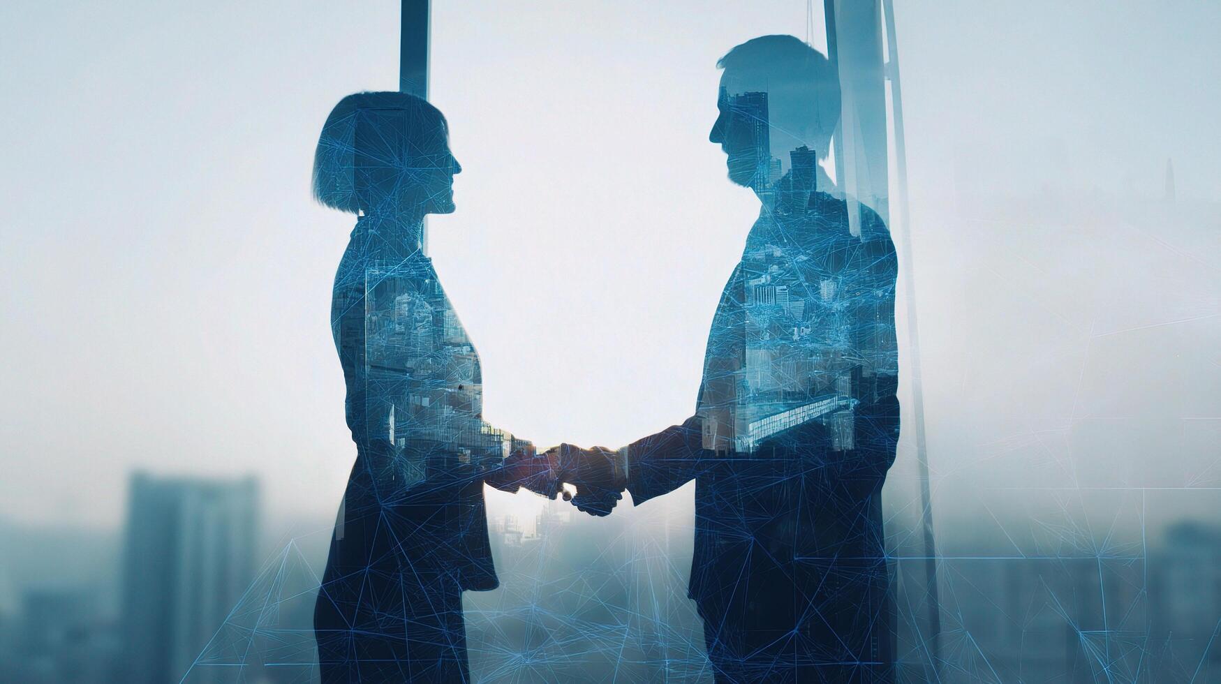 Two people shaking hands in front of a window photo