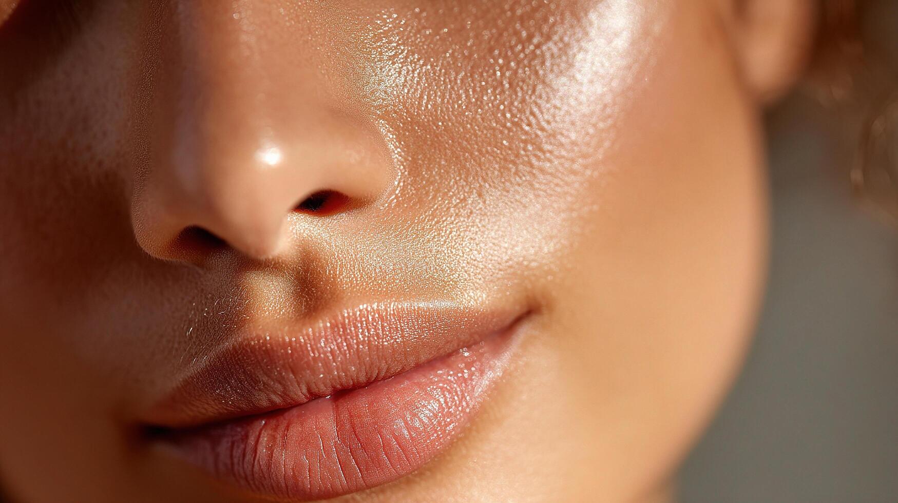A close up of a woman's face with a shiny skin photo