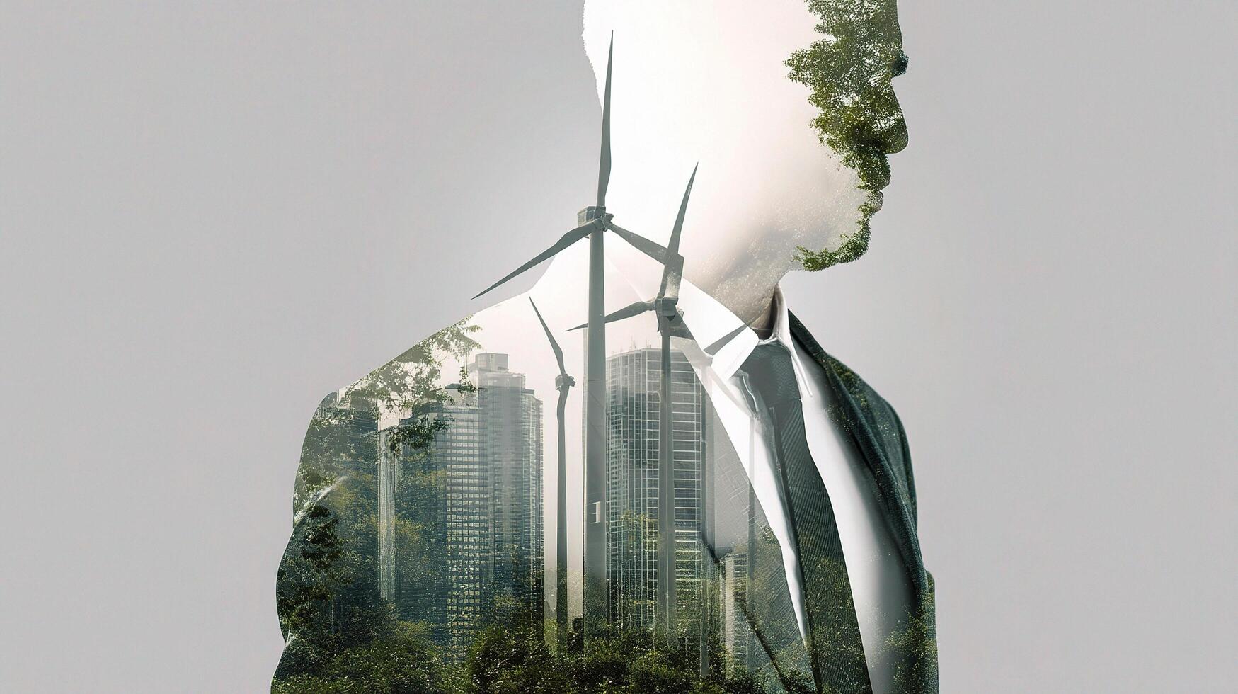 A man in a suit and tie is standing in front of a wind turbine photo