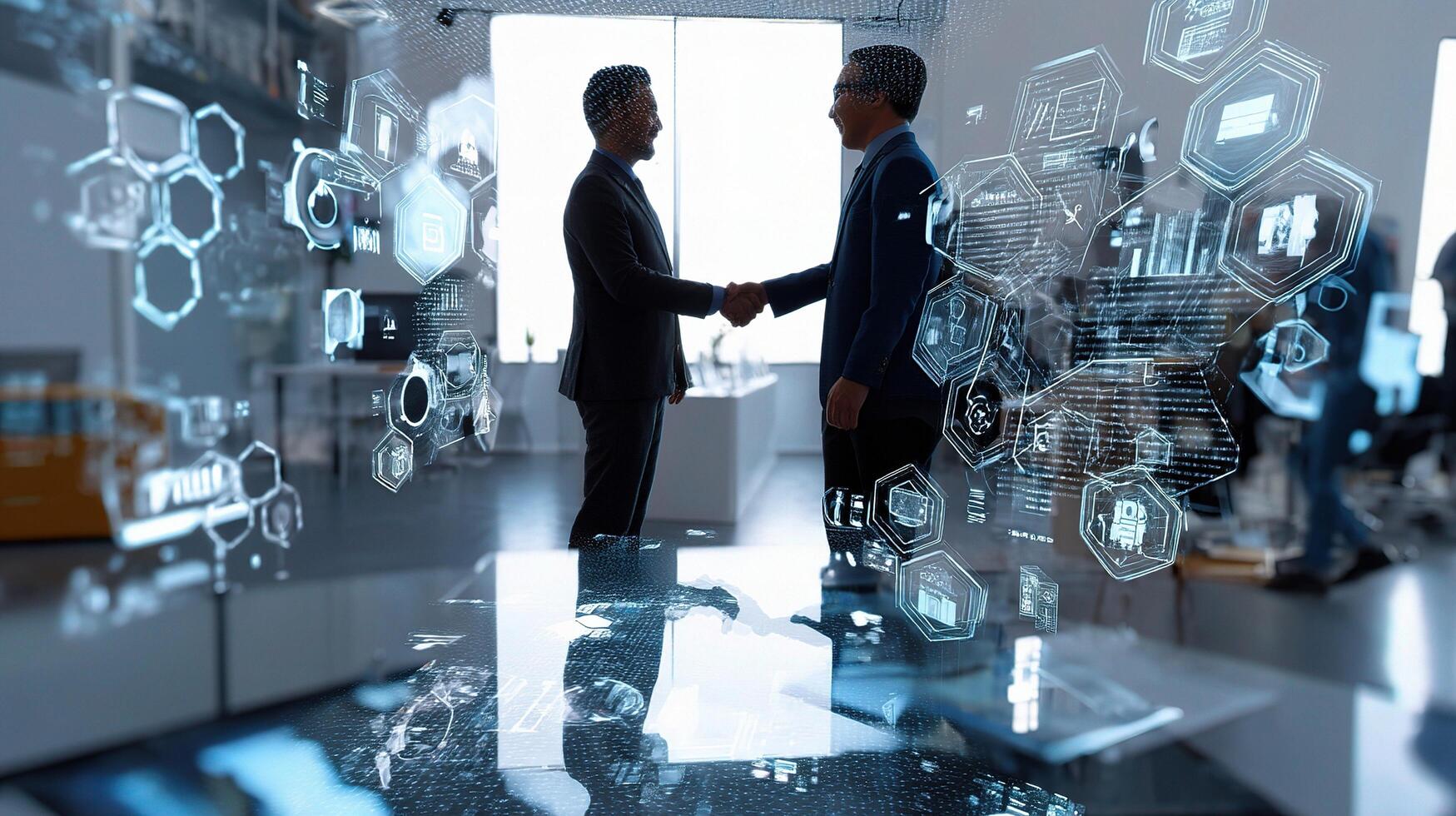 Two men shaking hands in front of a digital display photo
