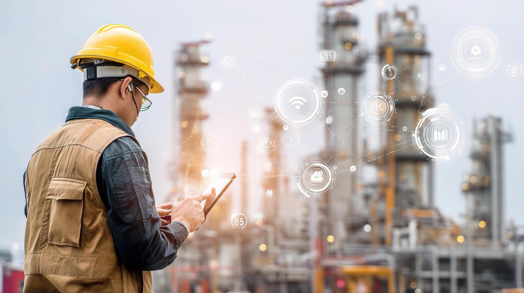 Man in hard hat and safety glasses using tablet in front of oil refinery photo