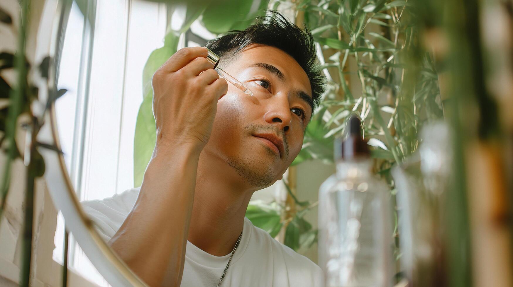A man is putting on his makeup in front of a mirror photo