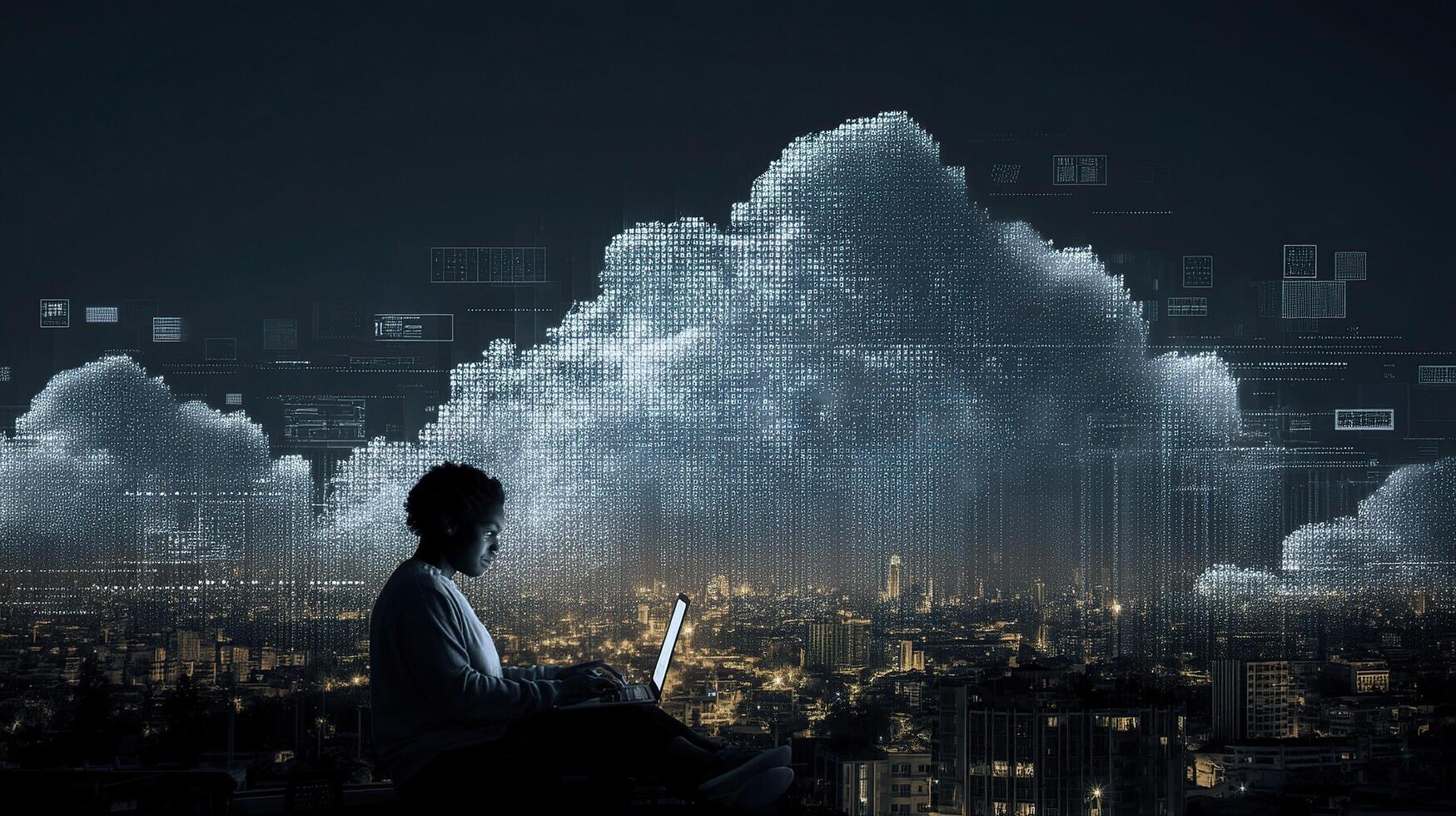 Man sitting on the edge of the city with laptop in front of cloud photo