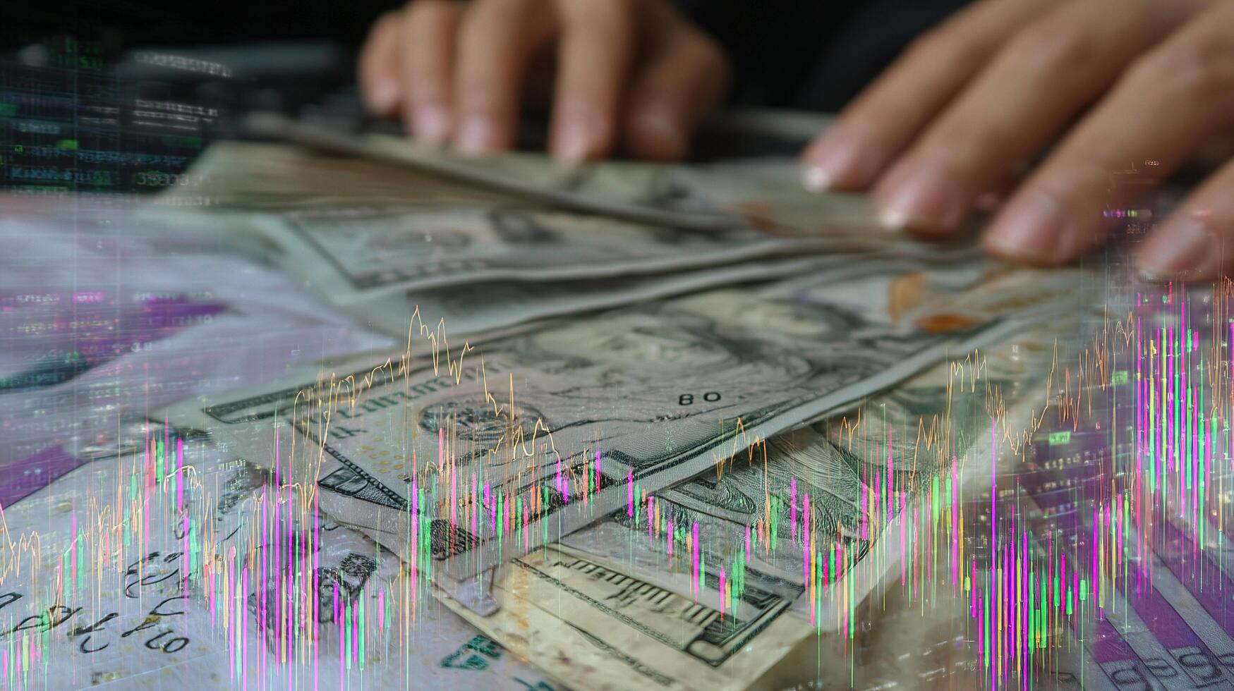 Us dollar notes on a table with stock market graph photo