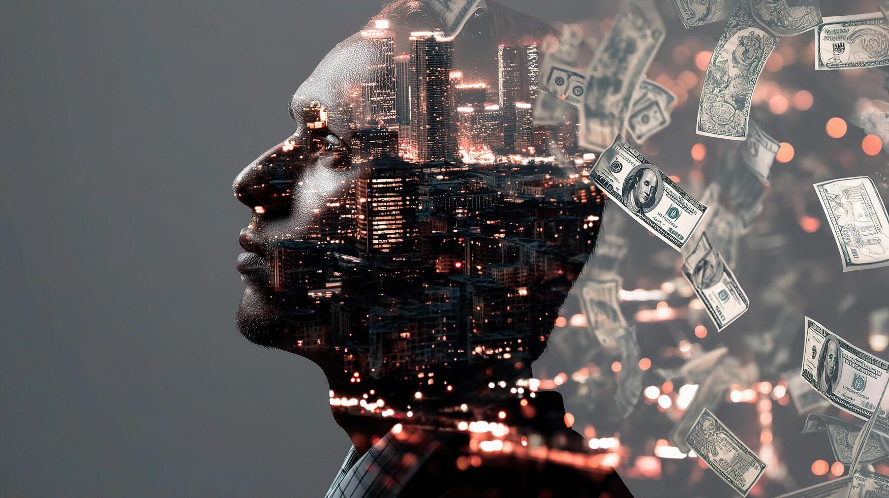 Double exposure of a man's head with money falling from the sky photo