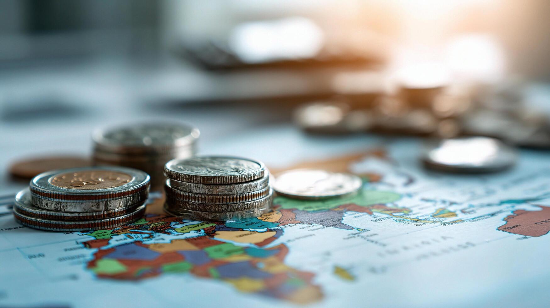 Money on world map and currency coins concept photo