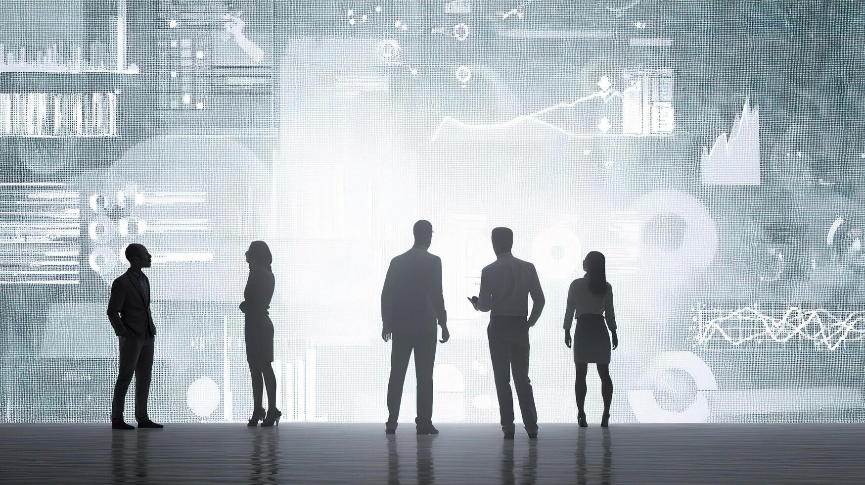 Silhouettes of business people standing in front of a wall with graphs photo