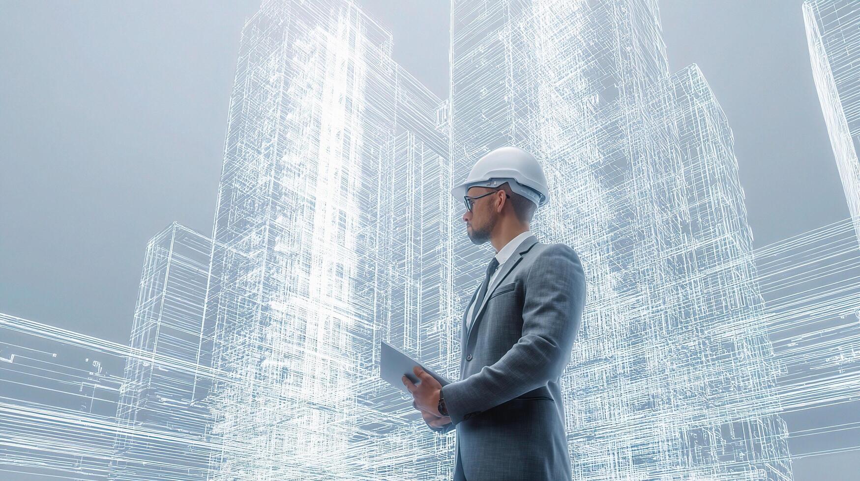 A man in a suit and hardhat standing in front of a building photo