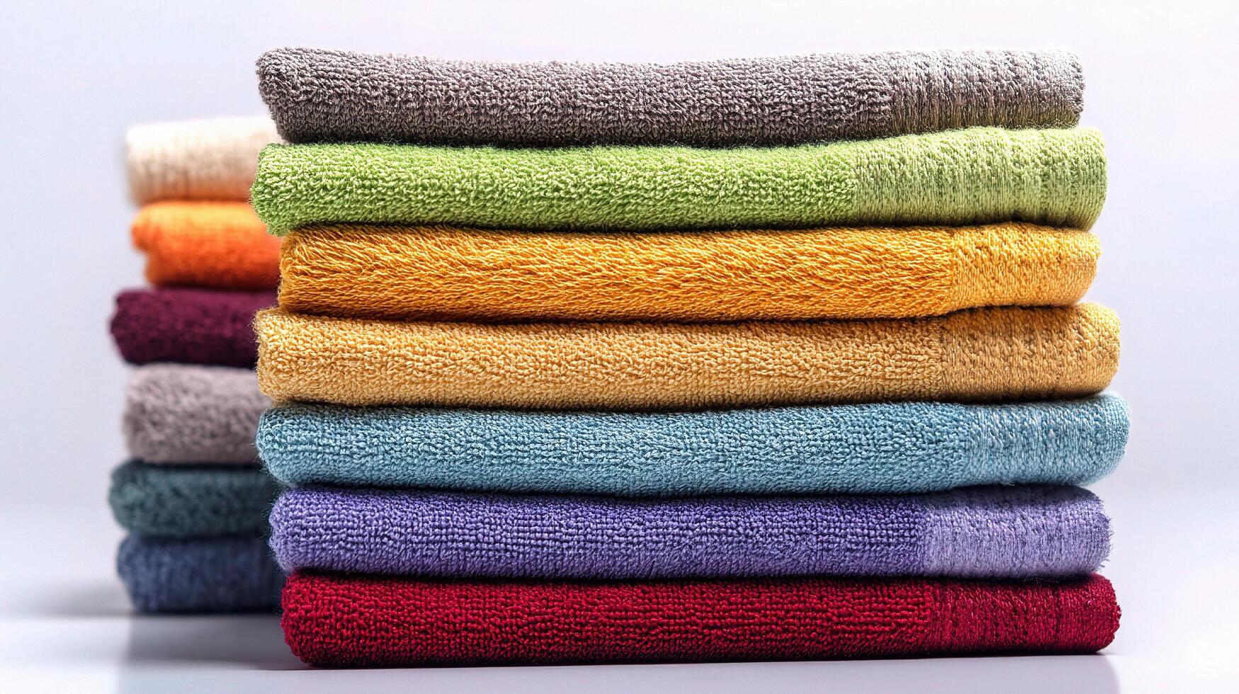 A stack of colorful towels on a white background photo