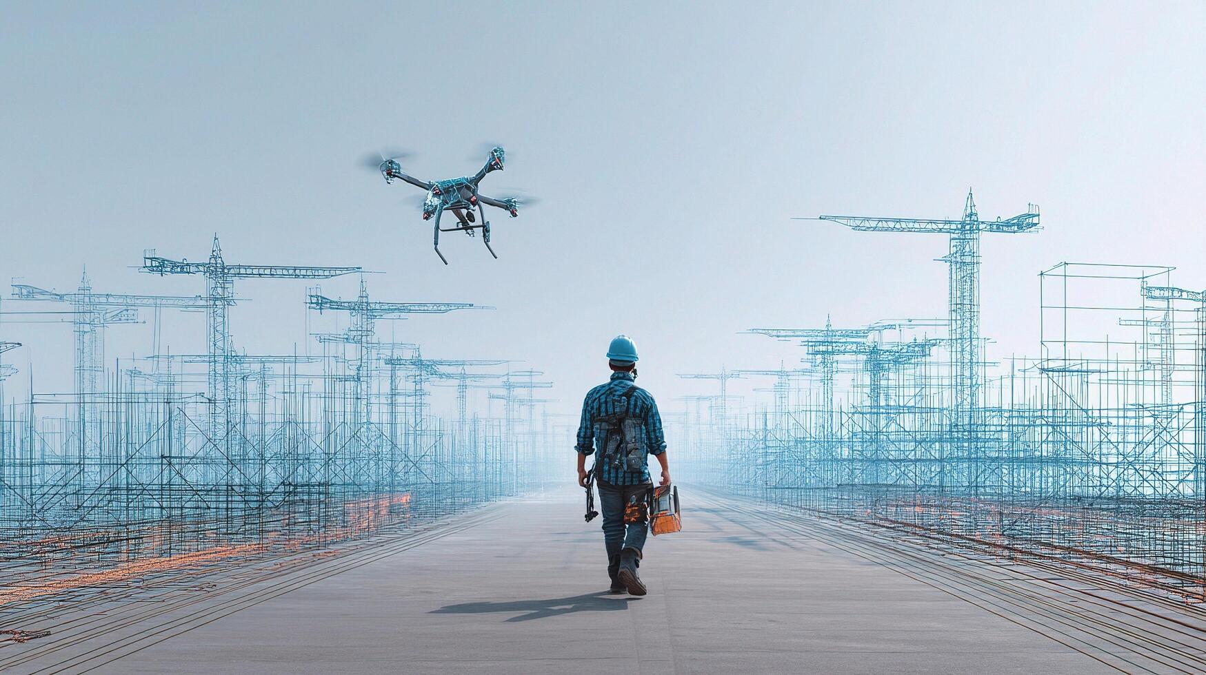 A man is walking on a construction site with a drone photo