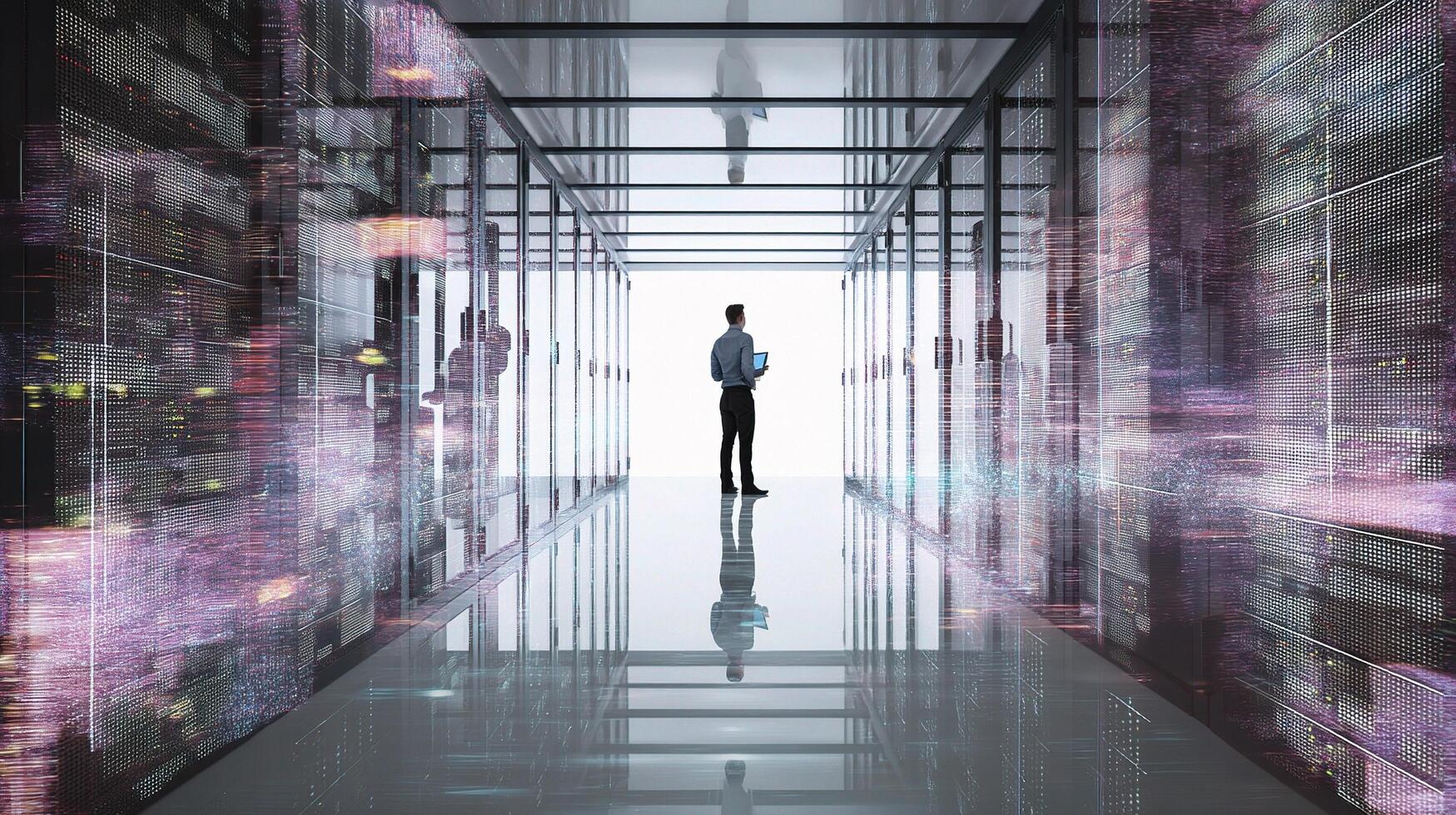 A man standing in a hallway with many data servers photo