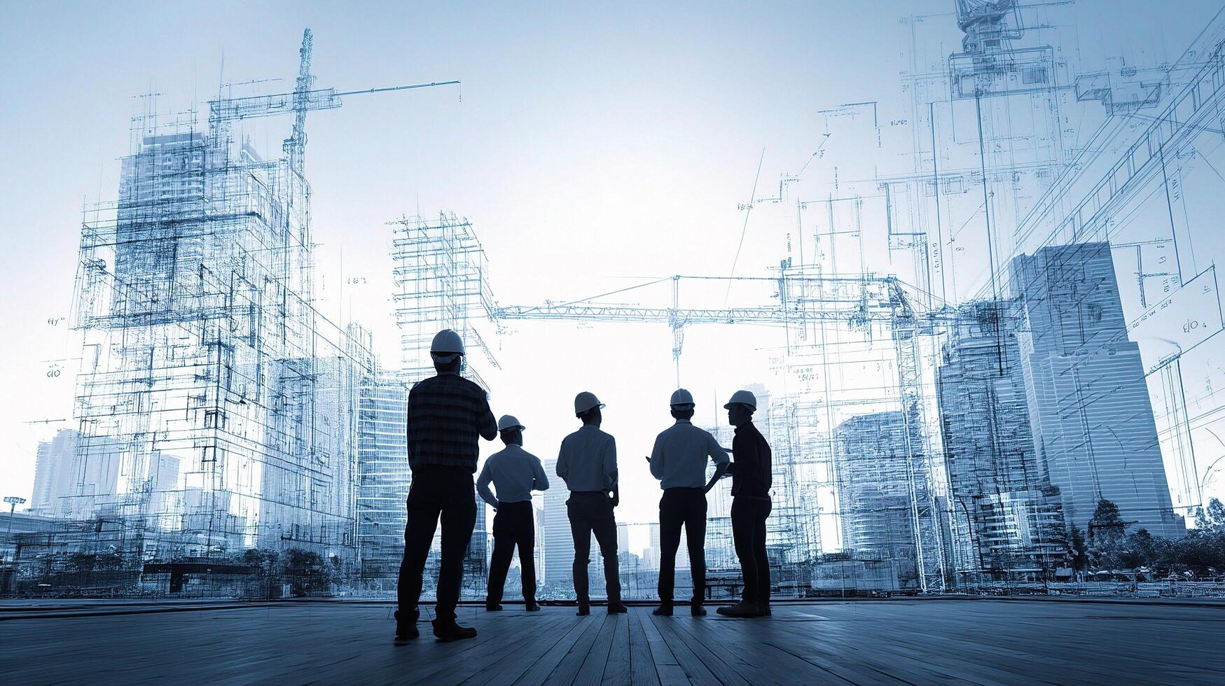 Silhouettes of construction workers standing in front of a city skyline photo