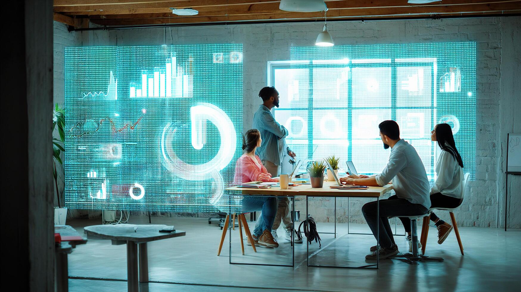 People sitting at a table in an office with a large screen photo