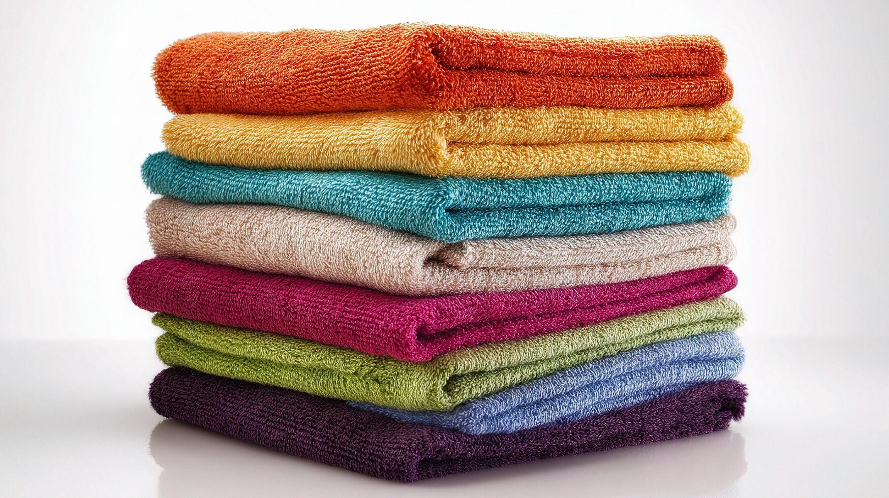 A stack of colorful towels on a white surface photo