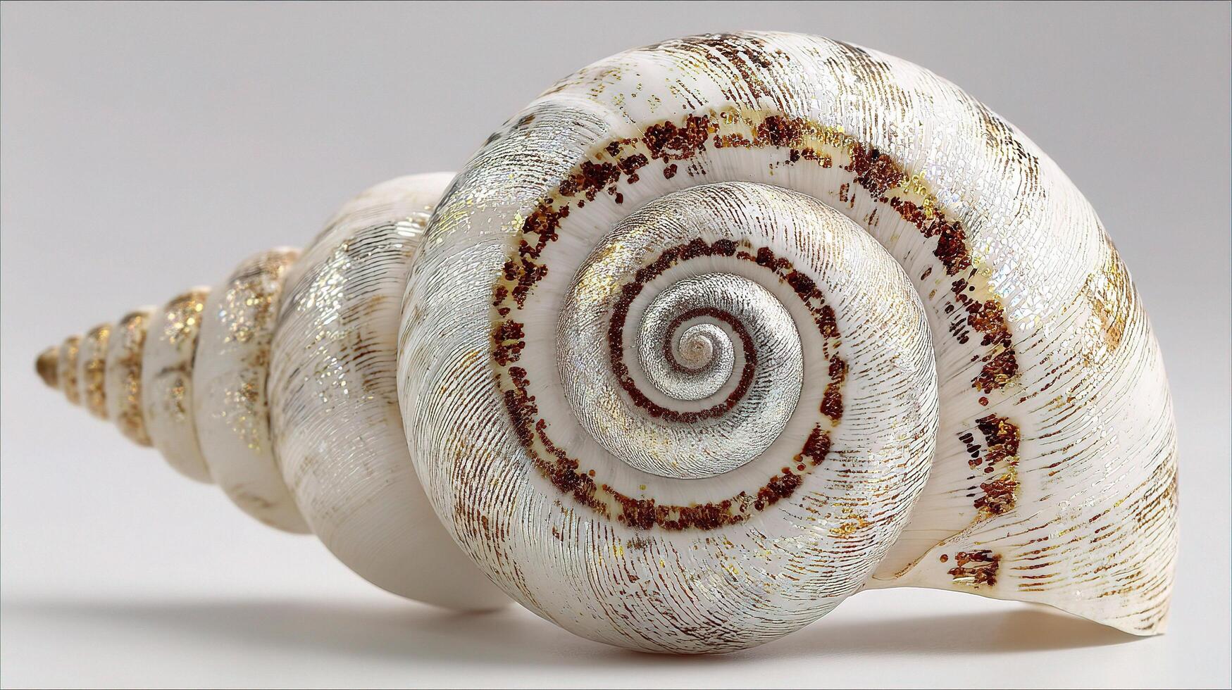 A white and gold shell with a spiral pattern photo