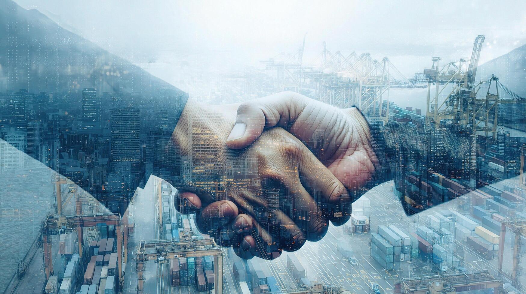 Business people shaking hands in front of shipping container photo