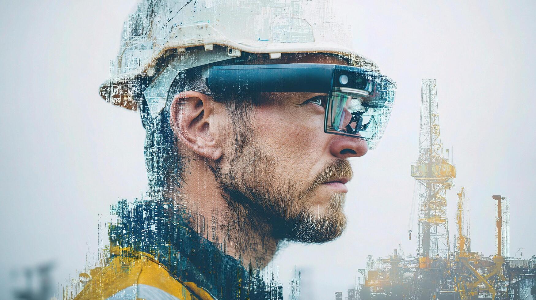 A man wearing a hard hat and glasses in front of an oil refinery photo