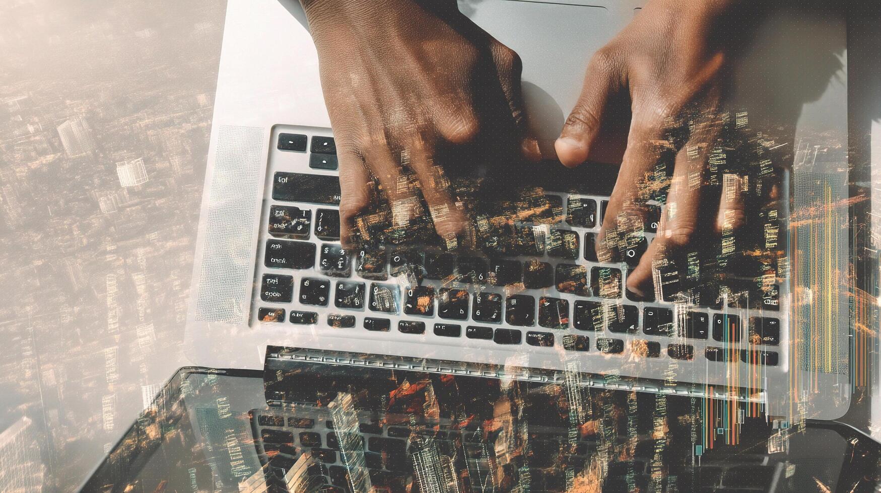 A person typing on a laptop computer with a city skyline in the background photo