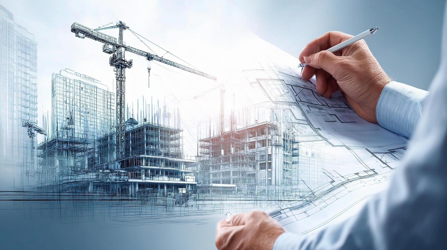 Architectural drawing of construction site with crane and building photo