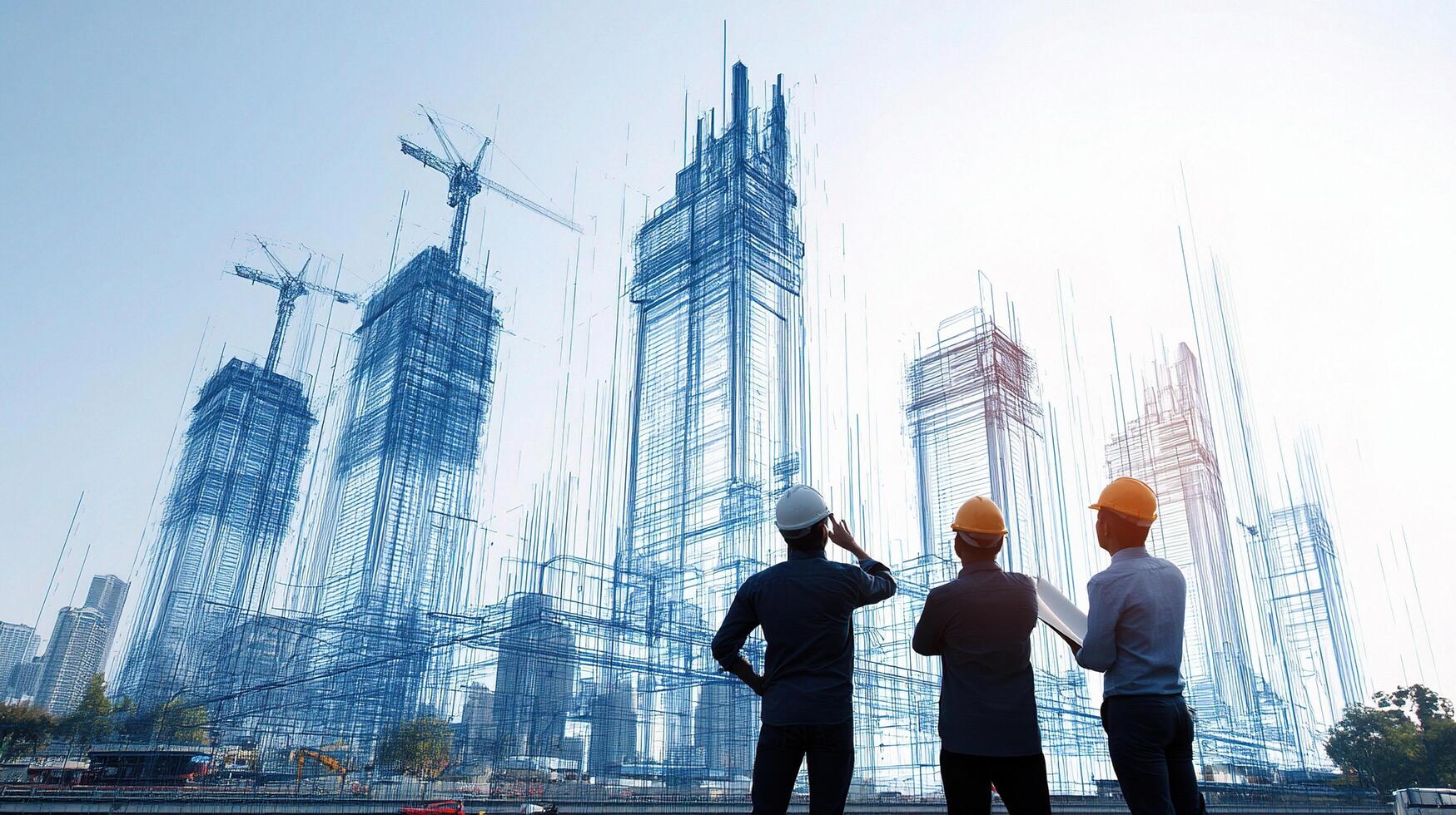 Three men in hard hats looking at a construction site photo