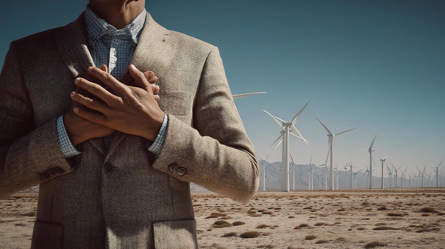A man in a suit standing in front of wind turbines photo