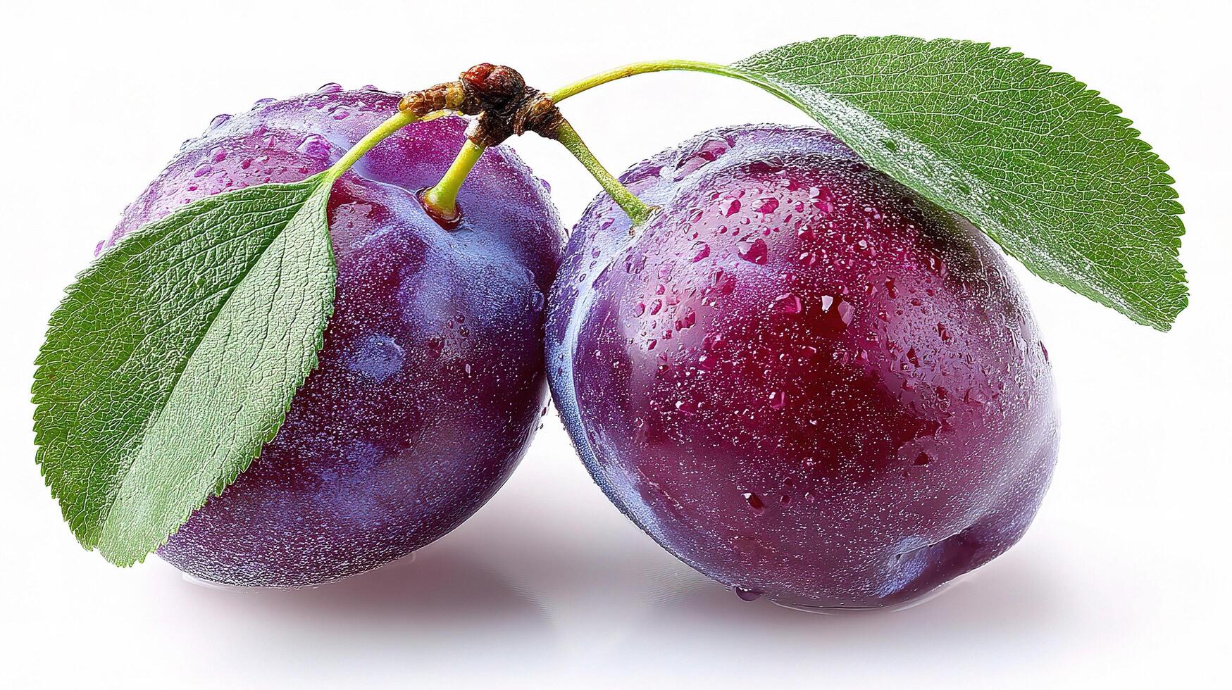 Two purple plums with leaves on a white background photo