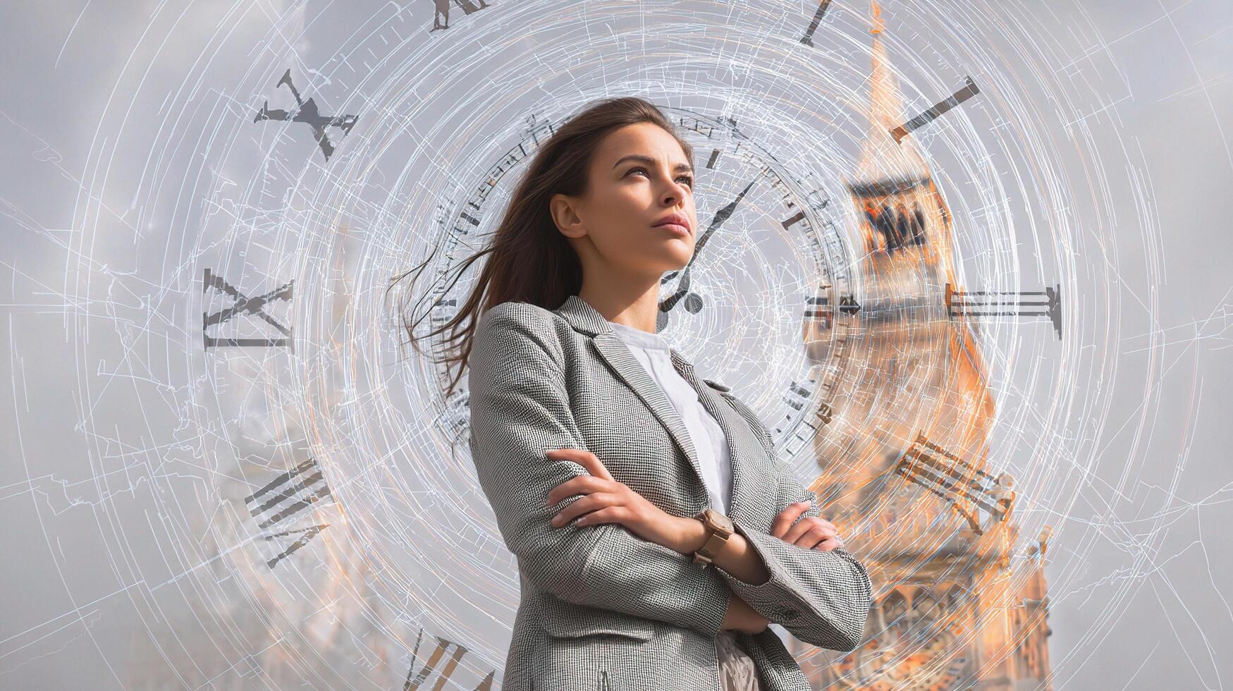 A woman in a suit standing in front of a clock photo