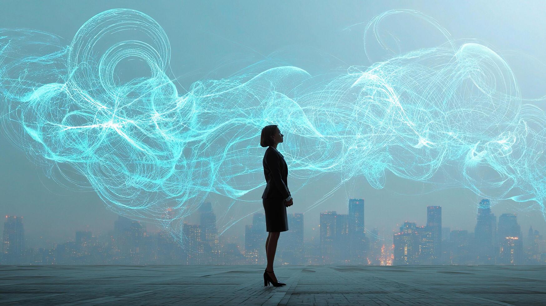 A woman standing in front of a cityscape with a blue smokey cloud photo