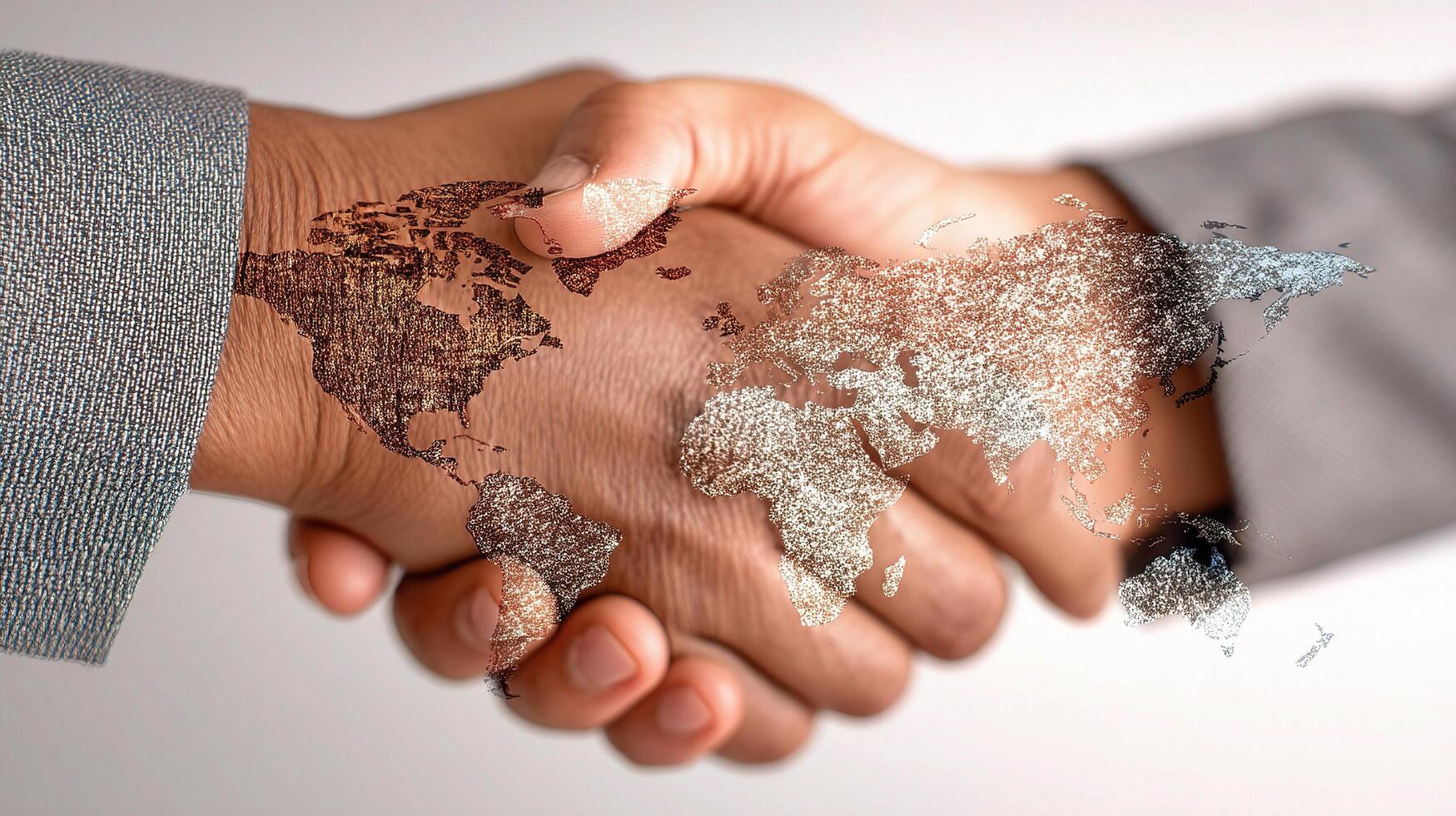 Business people shaking hands with world map on background photo