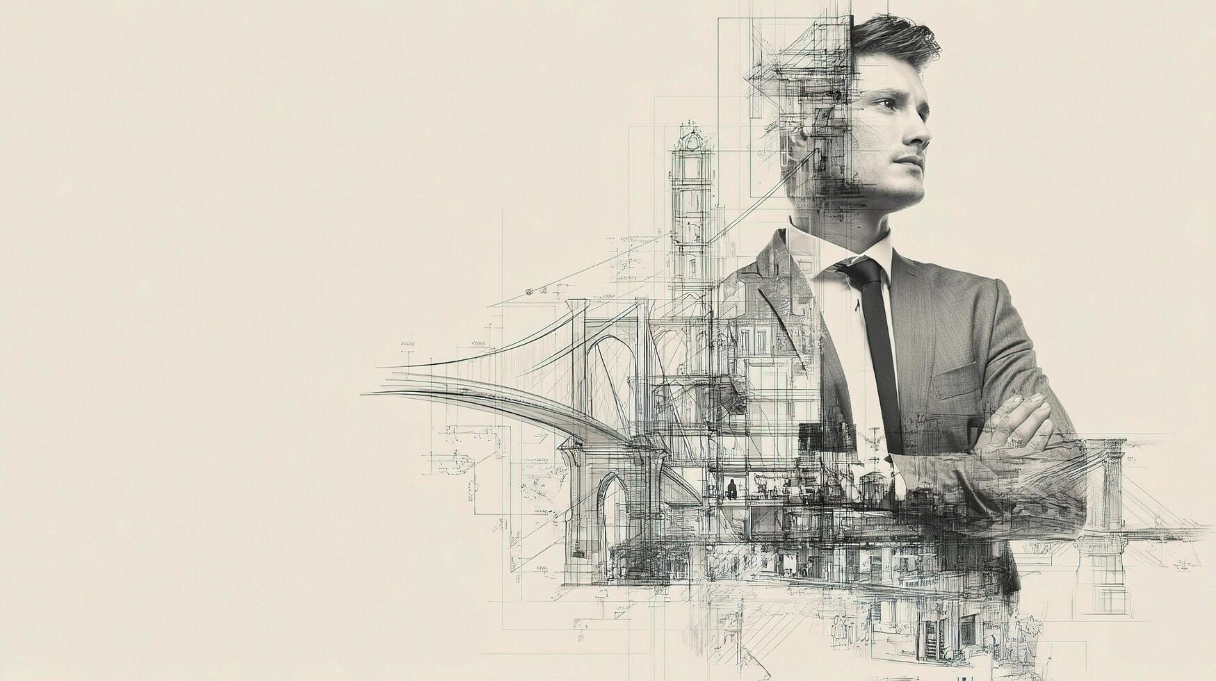 A man in a suit and tie standing in front of a city skyline photo