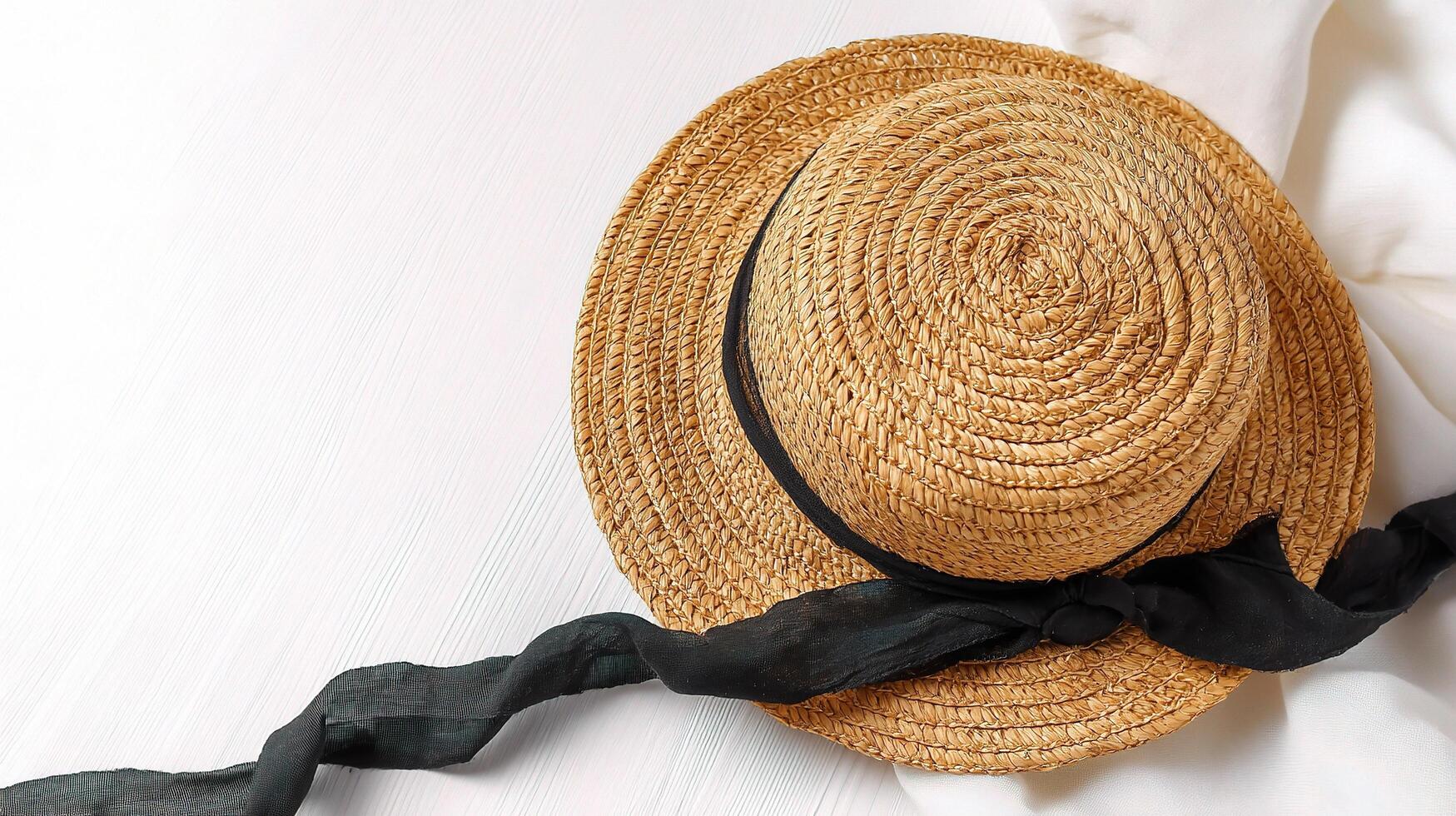 A straw hat with a black ribbon on top photo