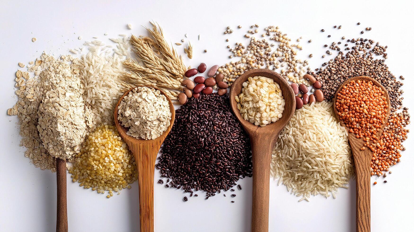 Variety of grains and seeds in wooden spoons photo