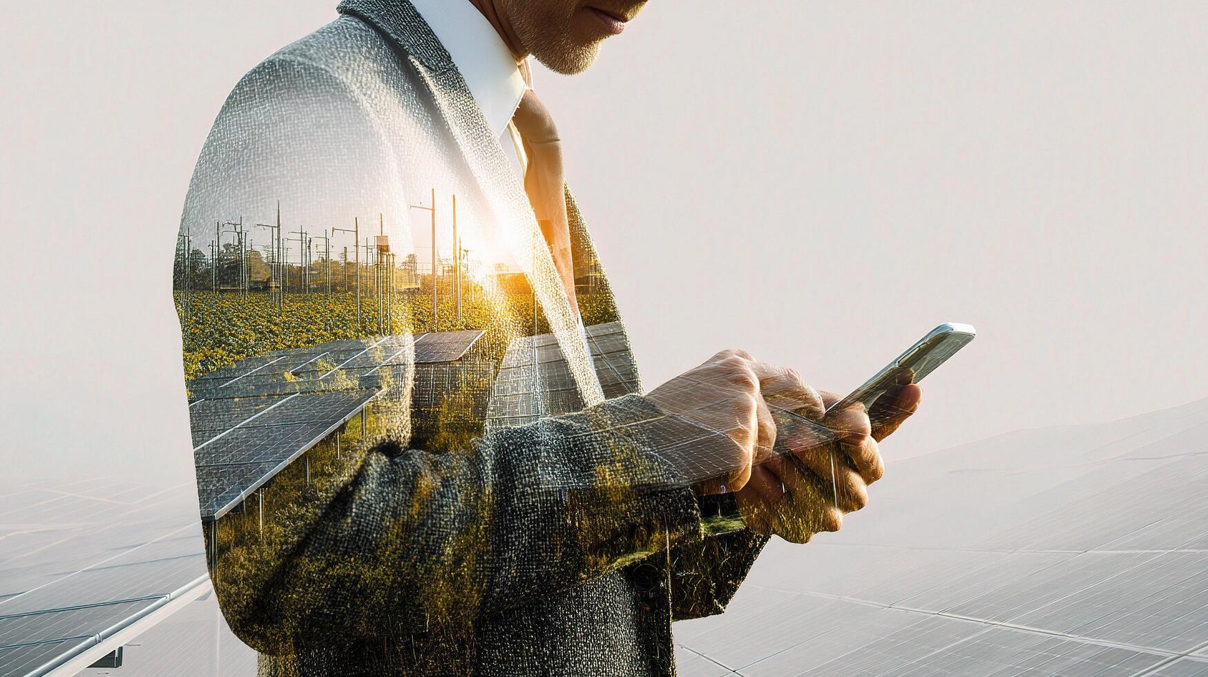 Man in suit holding smartphone in front of solar panels photo