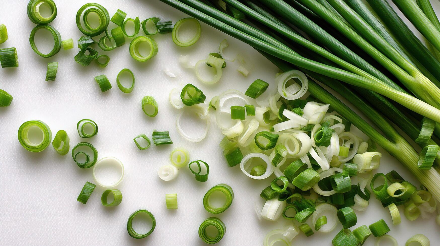 Green onions and onions are arranged on a white surface photo