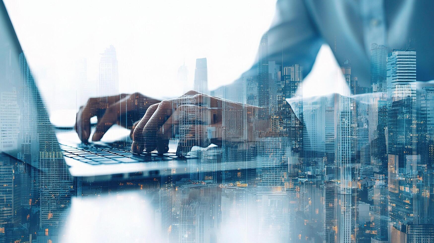 A person typing on a laptop computer in front of a cityscape photo