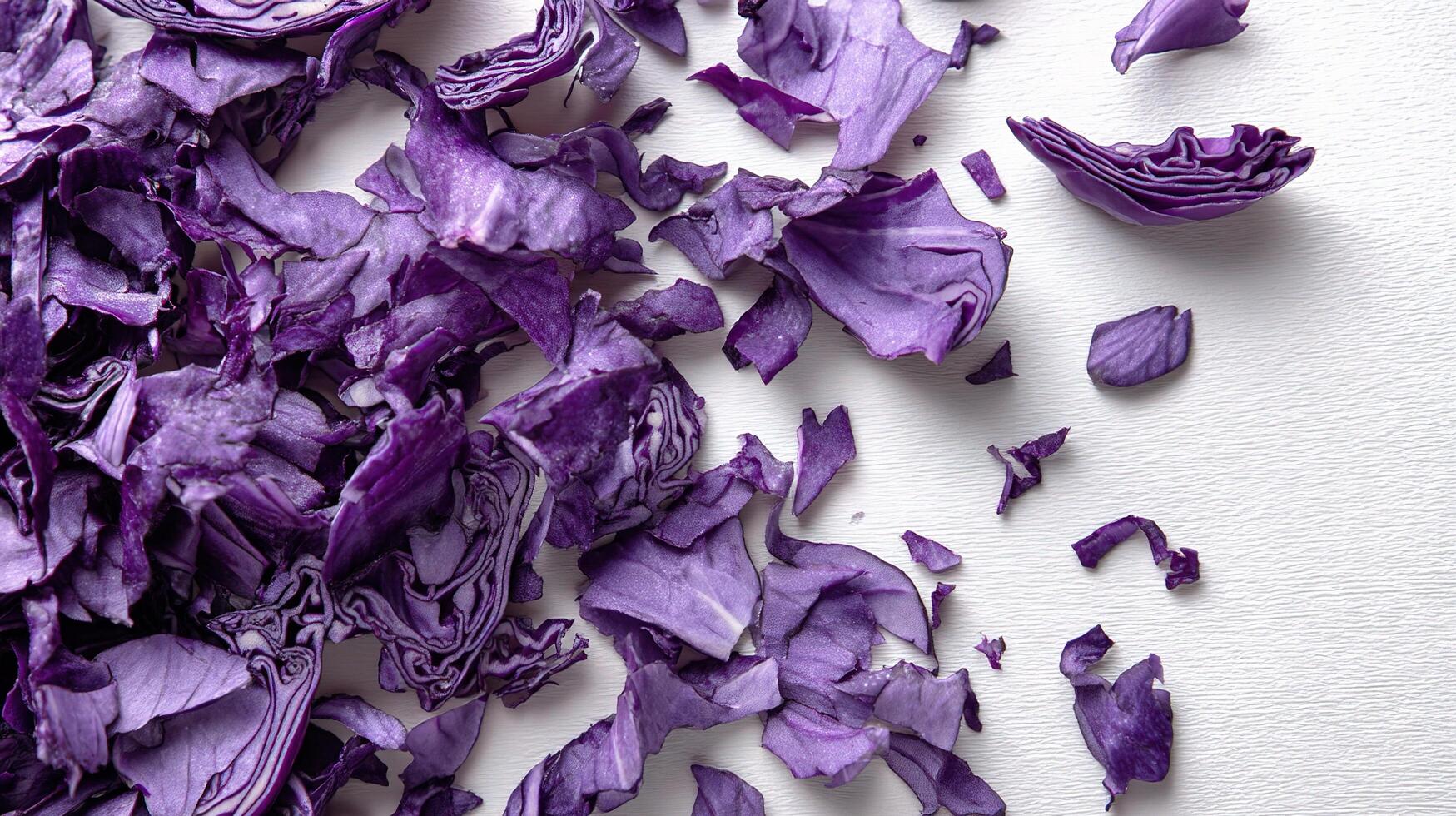 Purple flowers are scattered on a white surface photo