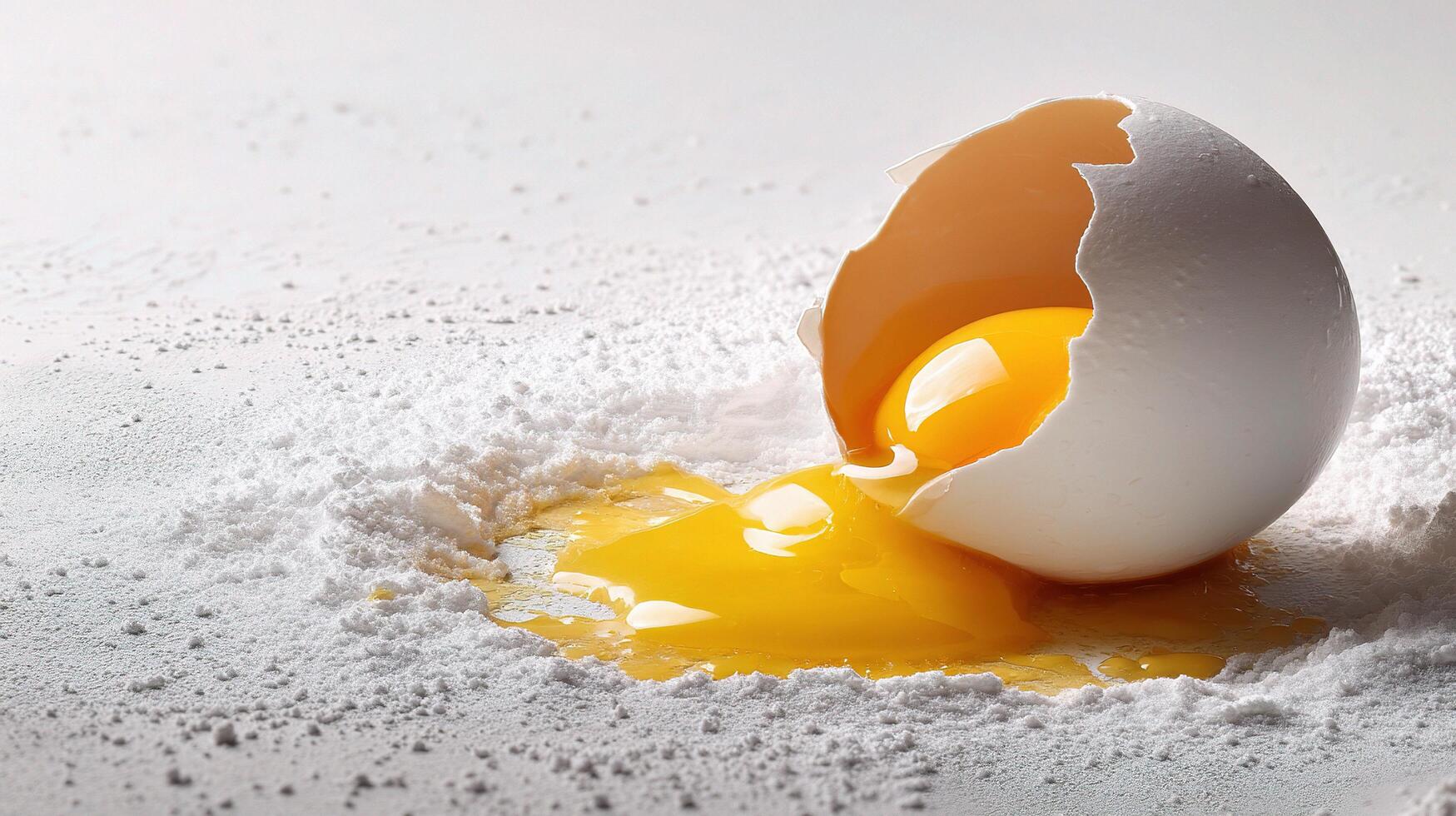 An egg is broken in half on a white surface photo